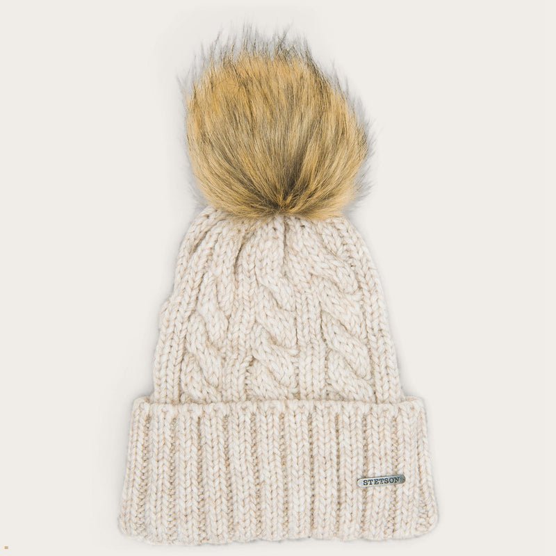 Beige Stetson Pompom Wool/Acrylic Men\'s Beanie | UK 65UKHYXEM