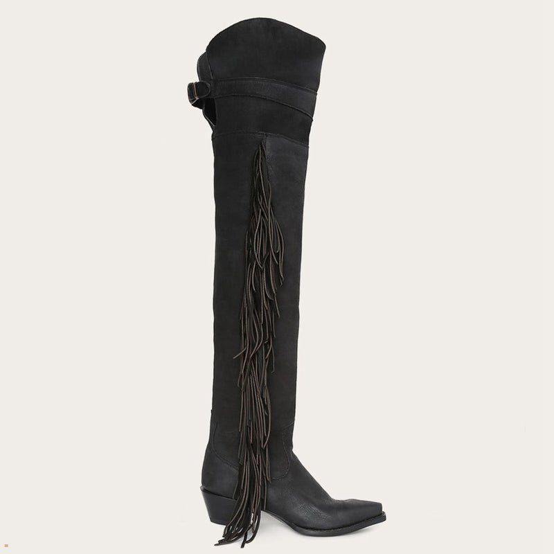 Black Stetson Fringe Over-The-Knee Leather Women's Boots | UK 15ELCDPKO