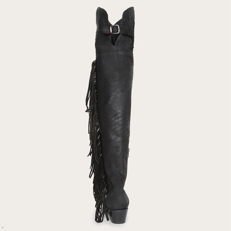 Black Stetson Fringe Over-The-Knee Leather Women's Boots | UK 15ELCDPKO