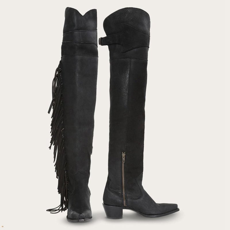 Black Stetson Fringe Over-The-Knee Leather Women\'s Boots | UK 15ELCDPKO