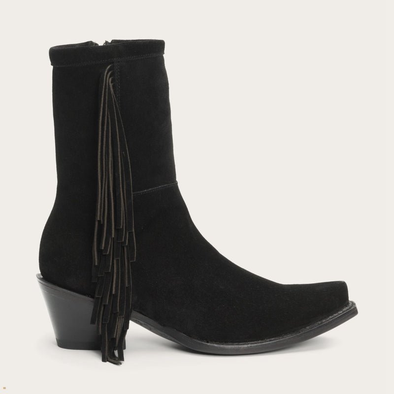 Black Stetson Halle Suede Fringe Side Zip Women's Boots | UK 49SCRDZGI