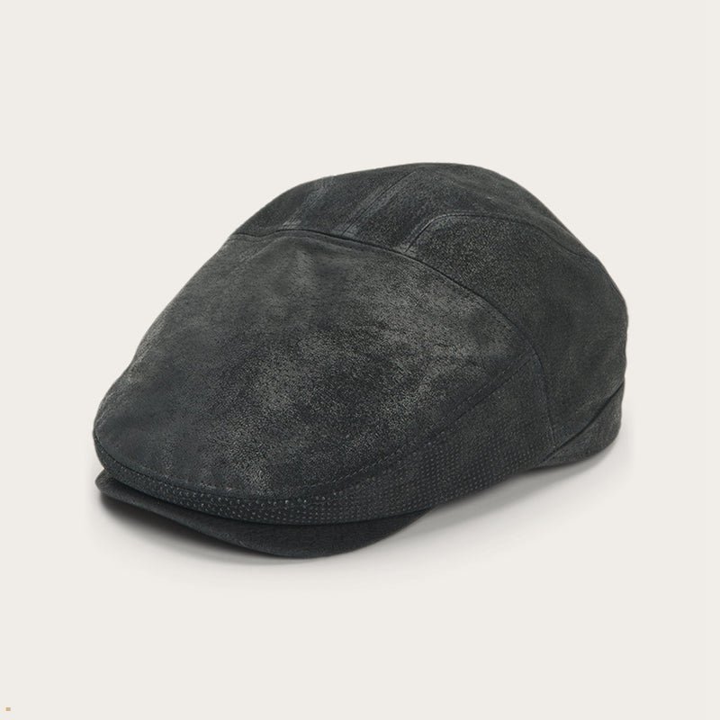 Black Stetson Hood Weathered Leather Ivy Men's Caps | UK 41GEBFOVM