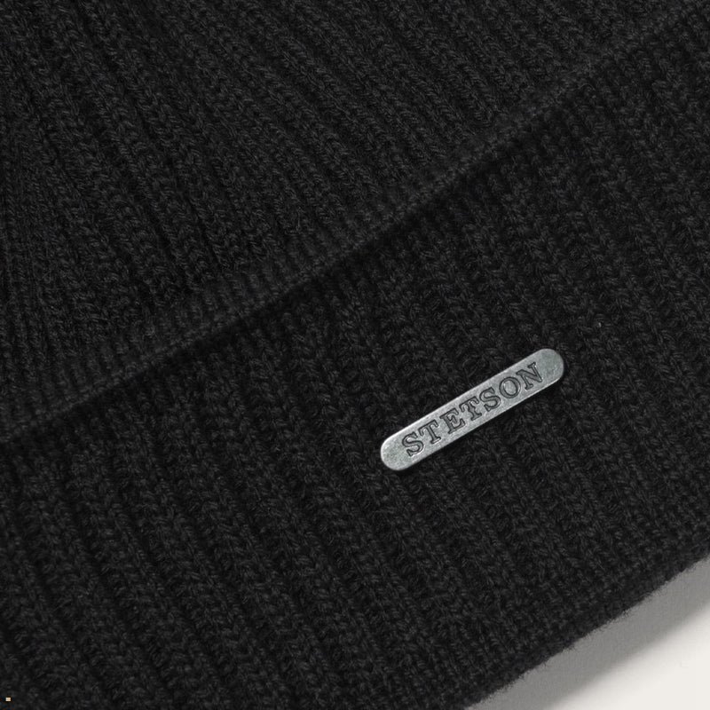 Black Stetson Merino Wool Men's Beanie | UK 48SZIAUOQ