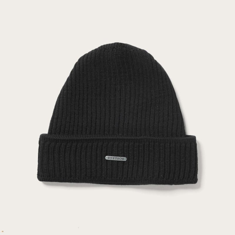 Black Stetson Merino Wool Men\'s Beanie | UK 48SZIAUOQ