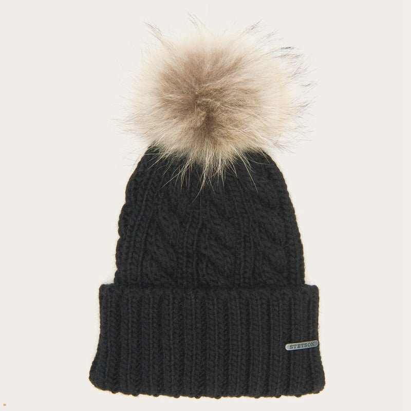 Black Stetson Pompom Wool/Acrylic Men\'s Beanie | UK 07VRLNBOC