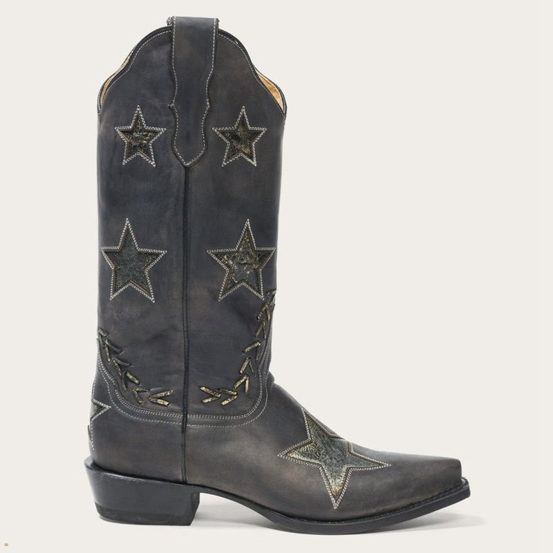 Black Stetson Star Distressed Women's Cowboy Boots | UK 60TXHKYEN