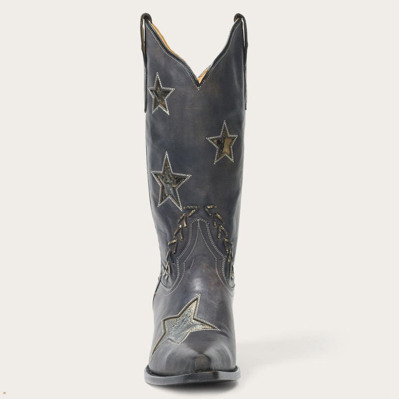 Black Stetson Star Distressed Women's Cowboy Boots | UK 60TXHKYEN