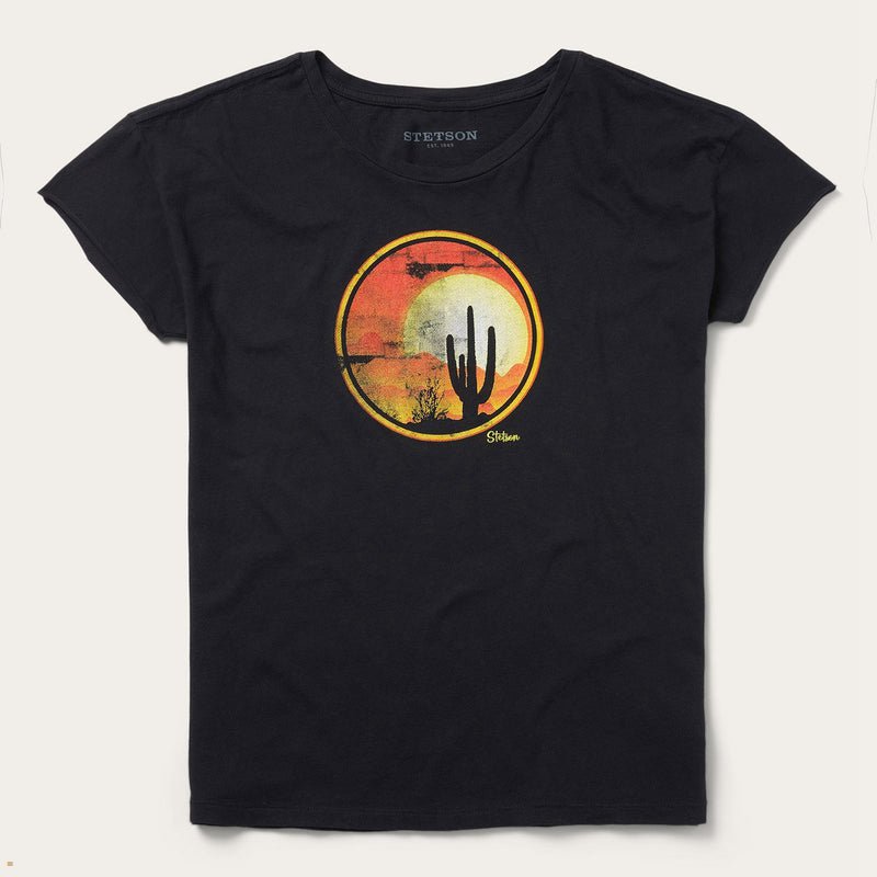 Black Stetson Sunset Saguaro Graphic Women\'s T-Shirts | UK 42BDOENTM