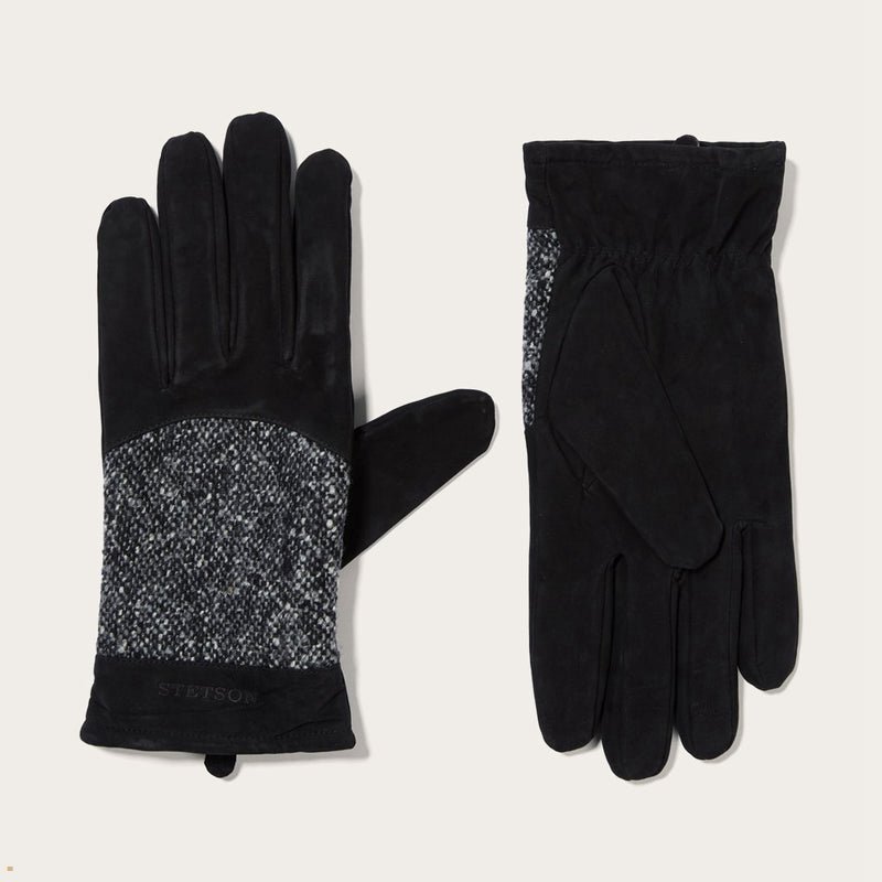 Black Stetson Virgin Wool Leather Men's Gloves | UK 53CFNRJYO