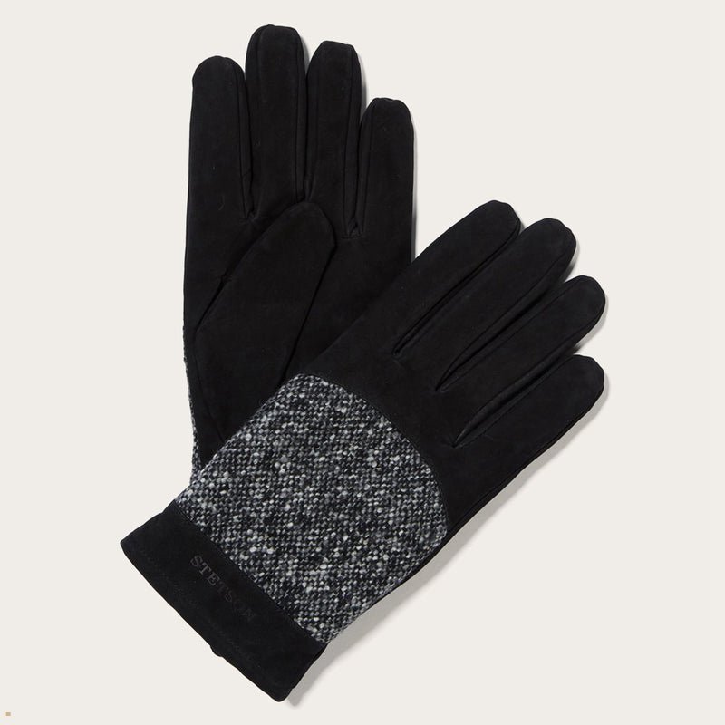 Black Stetson Virgin Wool Leather Men\'s Gloves | UK 53CFNRJYO