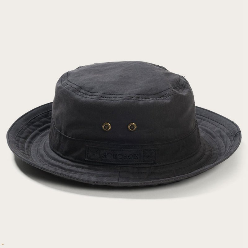 Black Stetson Waxed Cotton Men's Bucket Hats | UK 70KGTNDQF