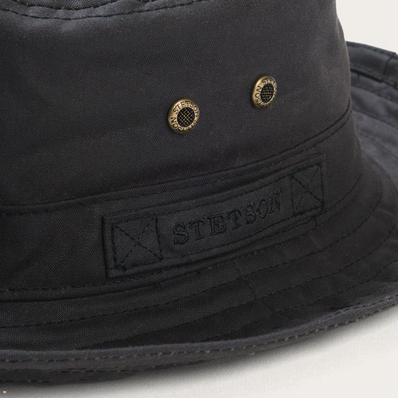 Black Stetson Waxed Cotton Men's Bucket Hats | UK 70KGTNDQF