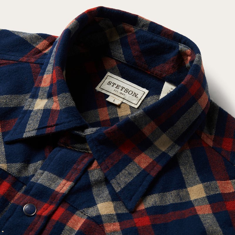 Blue Stetson Brushed Twill Plaid Men's Shirts | UK 72HBRUADI