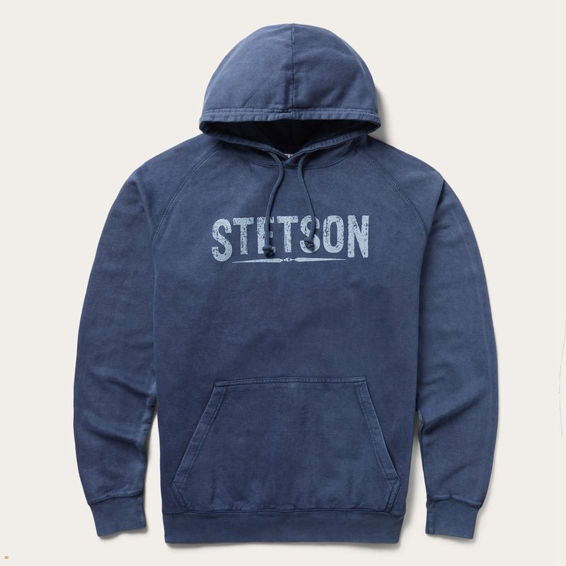 Blue Stetson Distressed Logo Hooded Men\'s Sweatshirt | UK 72YAKNDRI