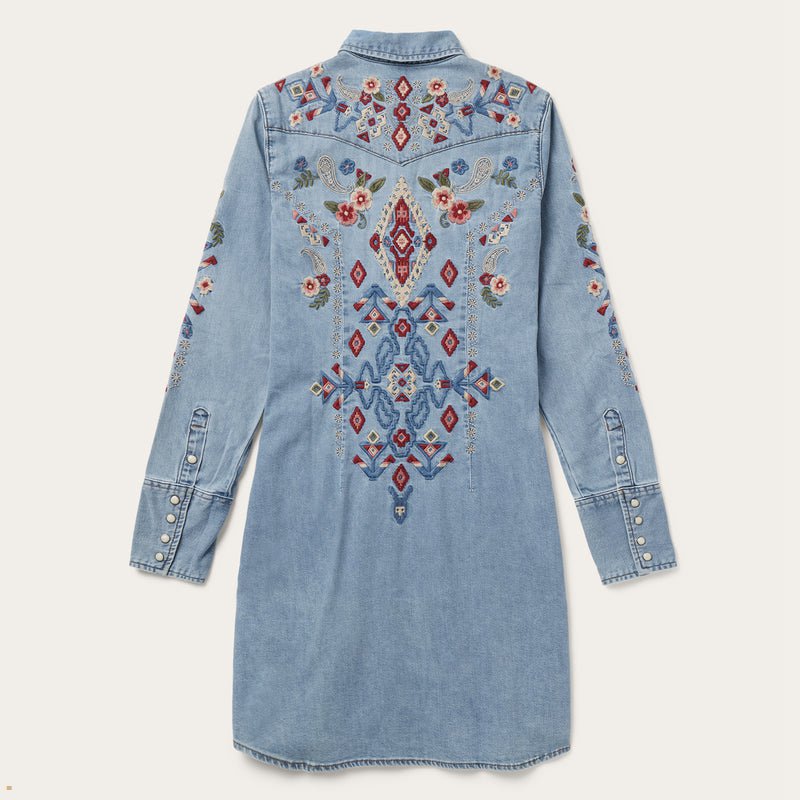 Blue Stetson Embroidered Denim Dress Women's Shirts | UK 43LACFDGV