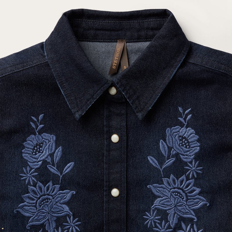 Blue Stetson Embroidered Snap Front Women's Blouse | UK 06KZBJHCV