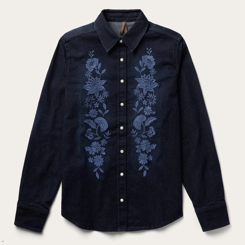 Blue Stetson Embroidered Snap Front Women\'s Blouse | UK 06KZBJHCV