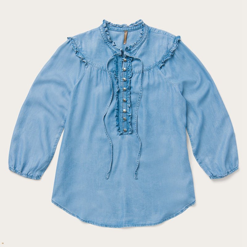 Blue Stetson Lightweight Denim Peasant Women\'s Blouse | UK 14PLNRFOM