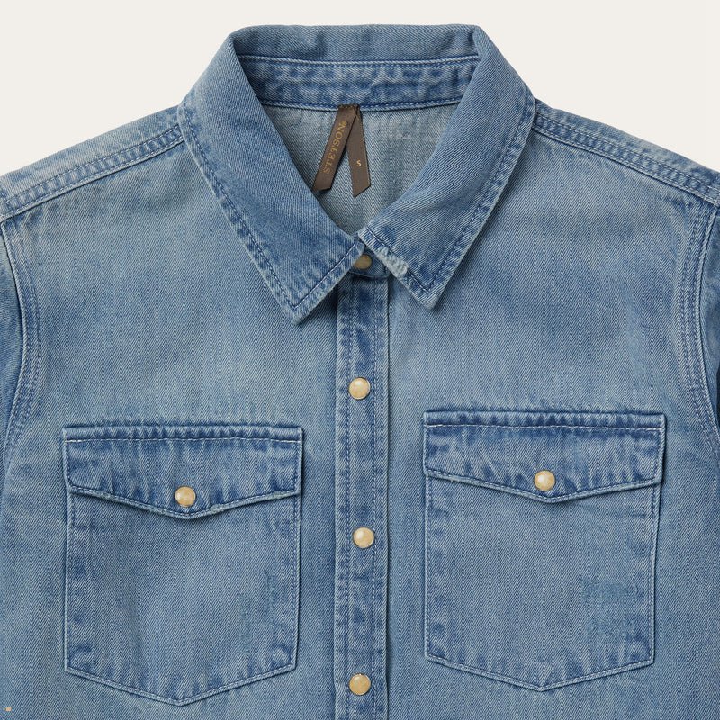 Blue Stetson Loose Fit Denim Snap-Front Women's Blouse | UK 85VJUGTNK