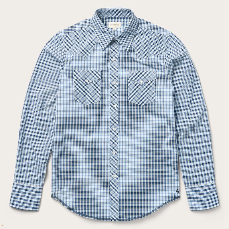 Blue Stetson Modern Snap Front Mini Check Men\'s Shirts | UK 94ITKXSAV