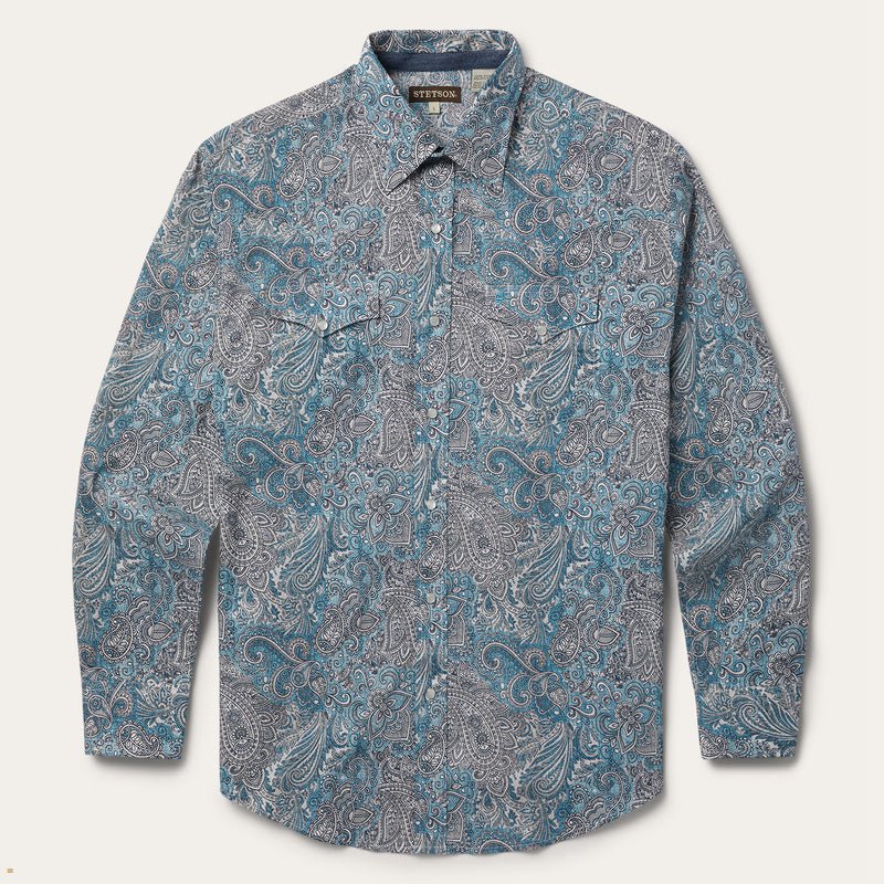 Blue Stetson Paisley Western Men\'s Shirts | UK 90SENFXHD