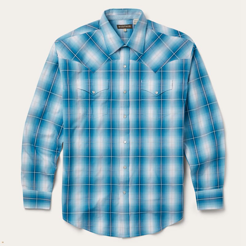 Blue Stetson Plaid Men\'s Shirts | UK 15AYCRNTL