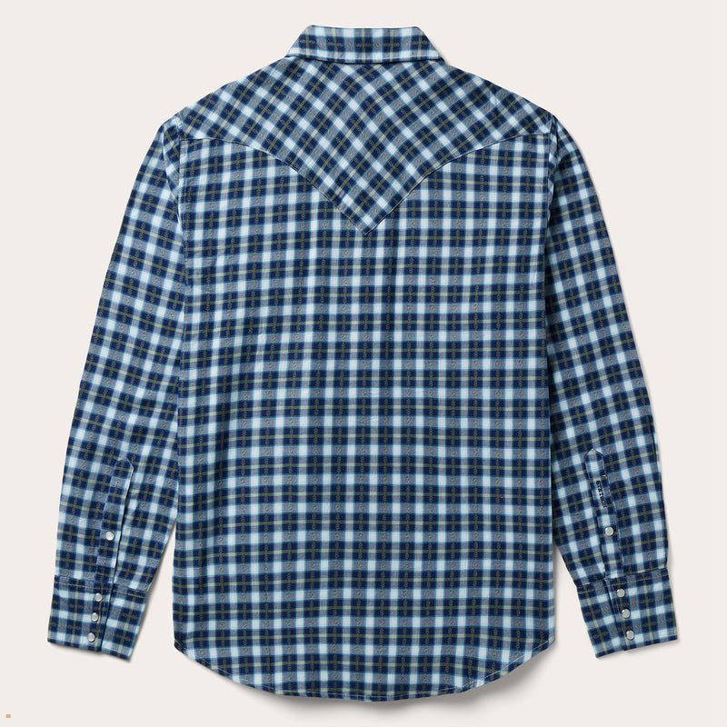 Blue Stetson Plaid Twill Dobby Western Men's Shirts | UK 12WJZHTUX