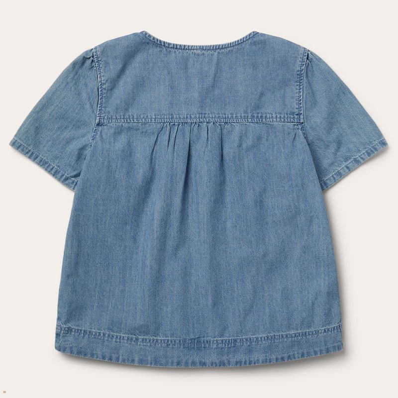 Blue Stetson Short Sleeve Denim Women's Blouse | UK 93CFAMLRJ