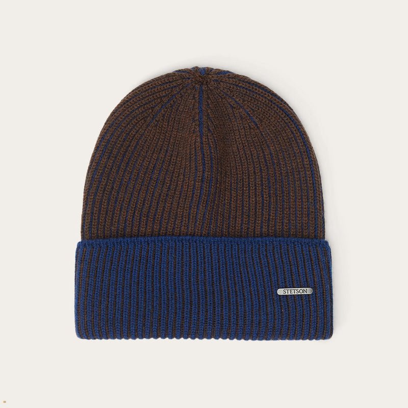 Brown Blue Stetson Merino Wool Men\'s Beanie | UK 37BSANXLG