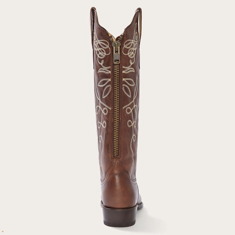 Brown Stetson Adeline Burnished Back Zip Women's Cowboy Boots | UK 67OFSHUNZ