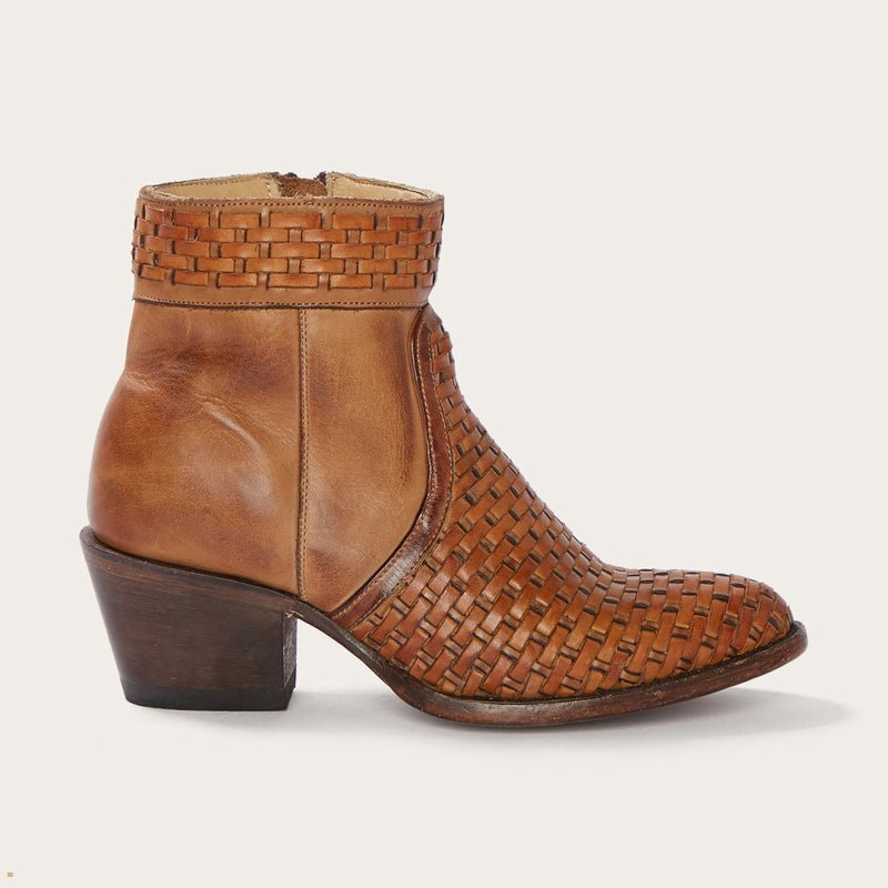 Brown Stetson Basketweave Side Zip Ankle Women's Boots | UK 84FVQLRPM