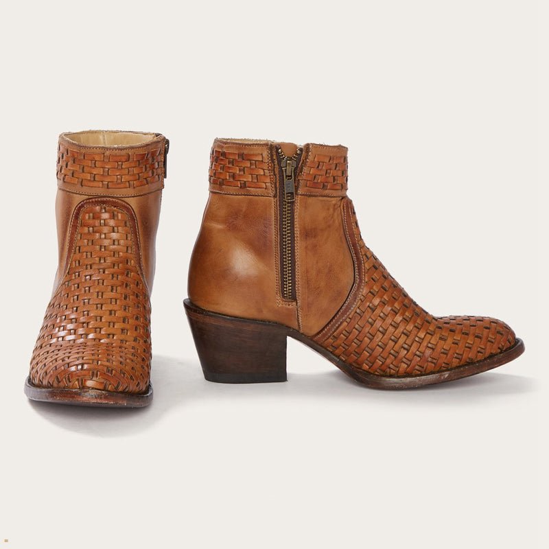 Brown Stetson Basketweave Side Zip Ankle Women\'s Boots | UK 84FVQLRPM