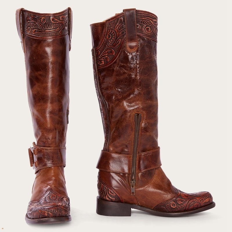 Brown Stetson Burnished Cognac Paisley Side Zip Women\'s Cowboy Boots | UK 01ZQKNEGR