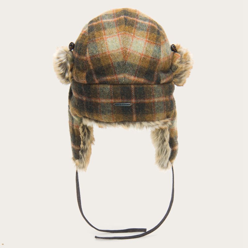 Brown Stetson Check Bomber Trapper Cap Men's Outdoor Hats | UK 48WPMZEFX