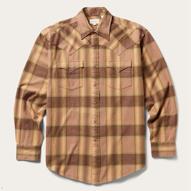 Brown Stetson Flannel Western Men\'s Shirts | UK 08BFPIXMY