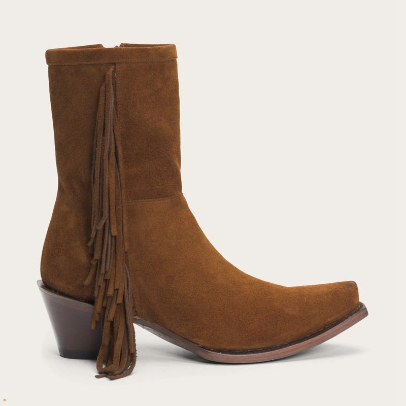 Brown Stetson Halle Suede Fringe Side Zip Women's Boots | UK 71DWRKQLS