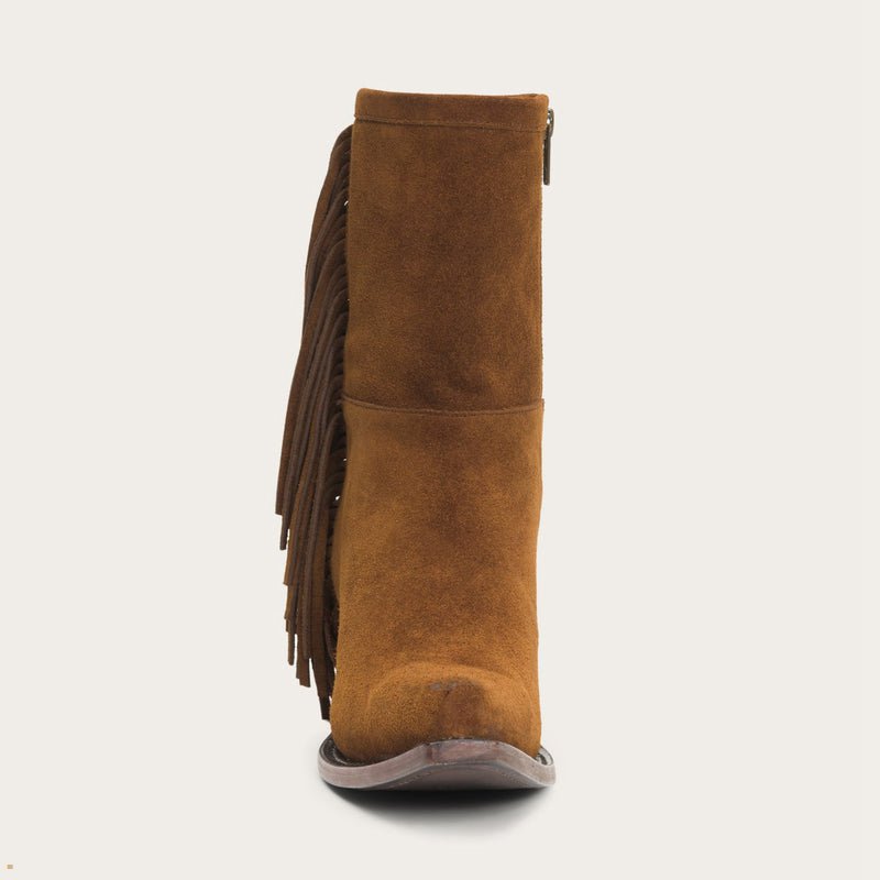 Brown Stetson Halle Suede Fringe Side Zip Women's Boots | UK 71DWRKQLS