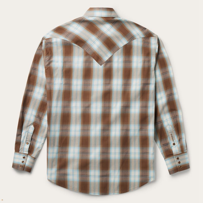 Brown Stetson Plaid Western Men's Shirts | UK 93HCLYVTG