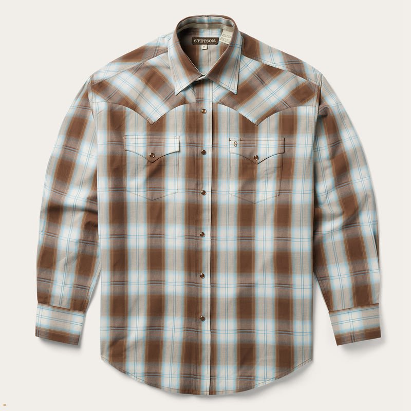 Brown Stetson Plaid Western Men\'s Shirts | UK 93HCLYVTG