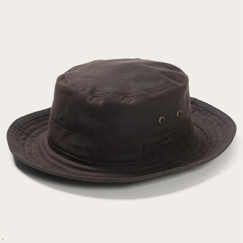 Brown Stetson Waxed Cotton Men's Bucket Hats | UK 62FSRKPXH