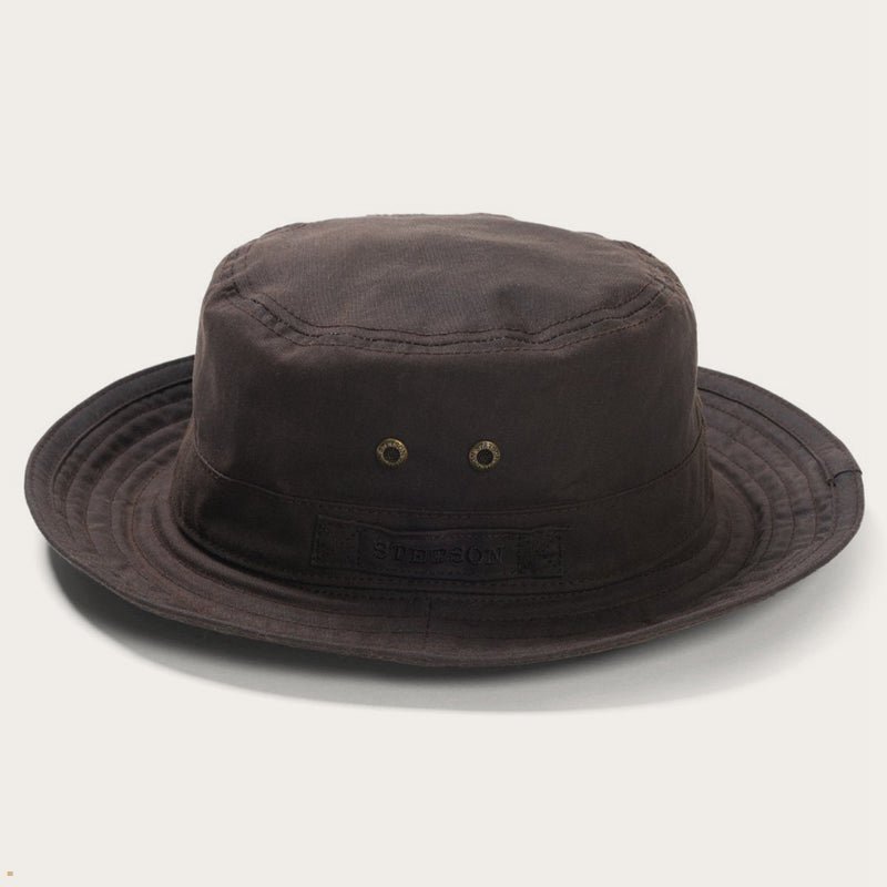 Brown Stetson Waxed Cotton Men's Bucket Hats | UK 62FSRKPXH