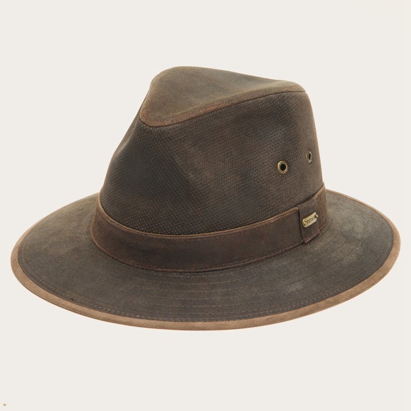 Brown Stetson Weathered Leather Safari Men's Outdoor Hats | UK 71UZIEAXO