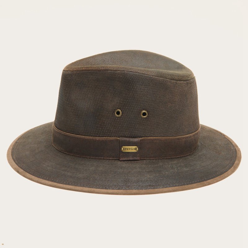 Brown Stetson Weathered Leather Safari Men's Outdoor Hats | UK 71UZIEAXO