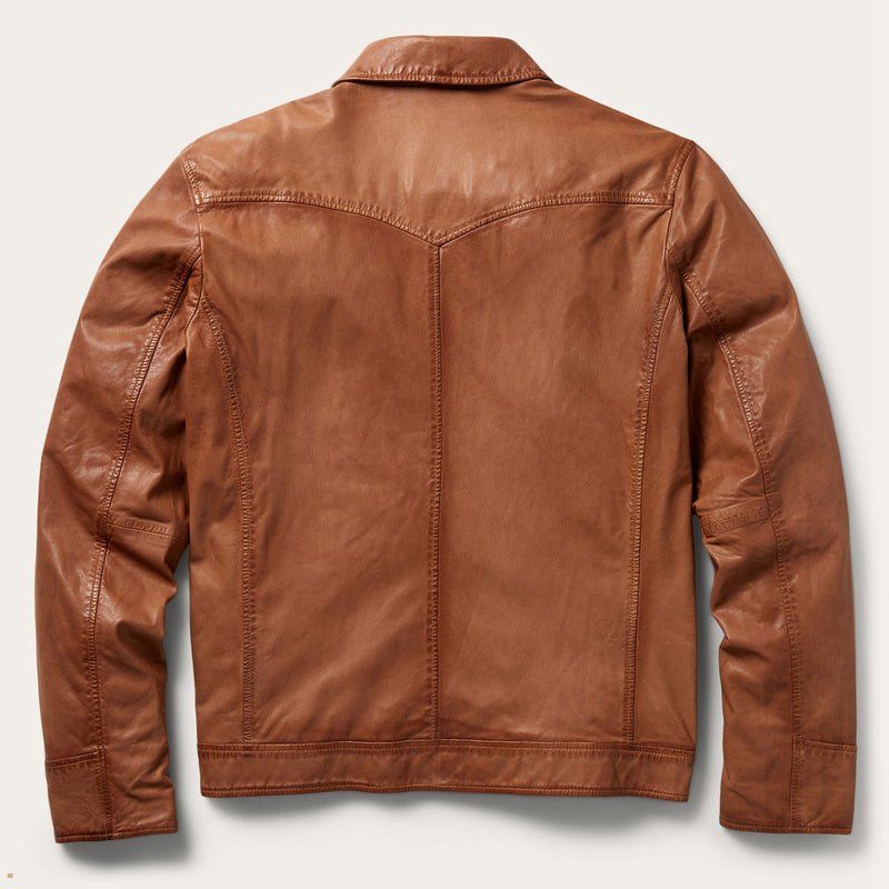 Brown Stetson Zip-Front Lightweight Leather Men's Jackets | UK 35VKCSRUW