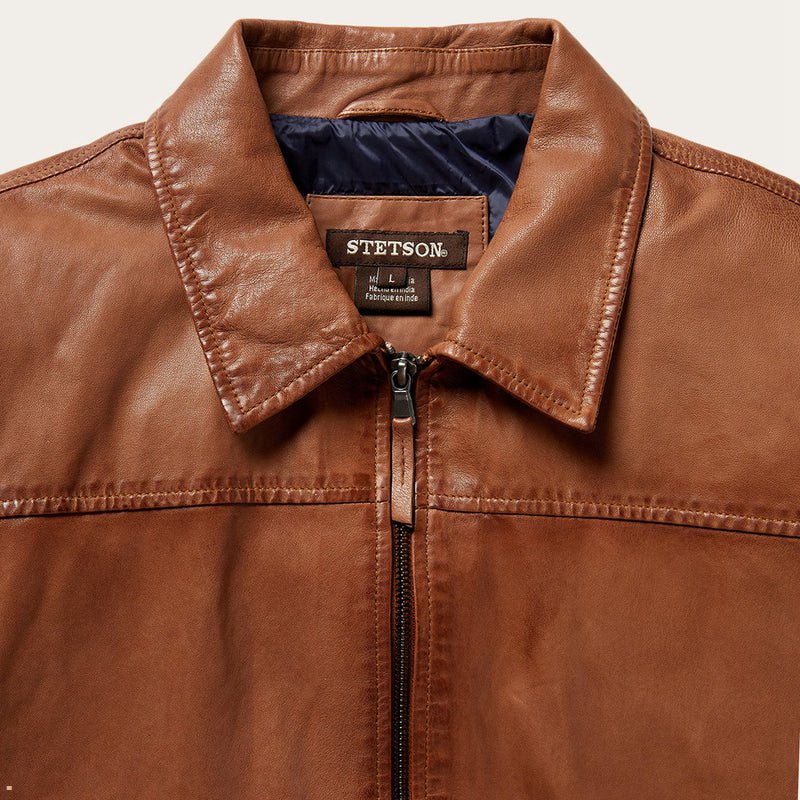 Brown Stetson Zip-Front Lightweight Leather Men's Jackets | UK 35VKCSRUW