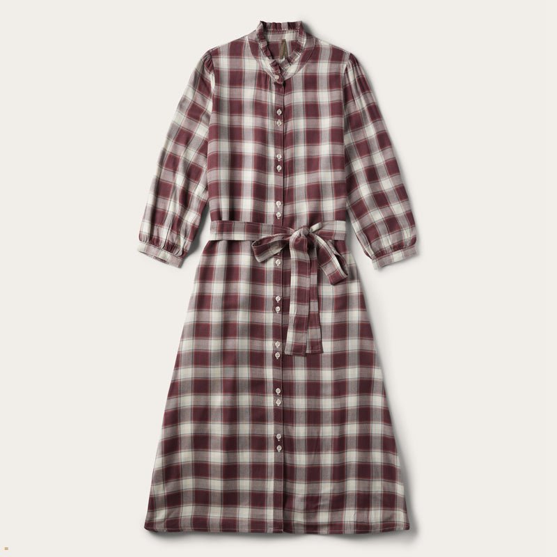 Burgundy Stetson Gaucho Plaid Prairie Shirt Women\'s Dresses | UK 27HQWVOKZ