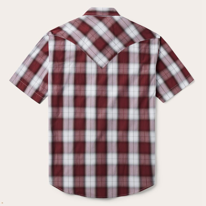 Burgundy Stetson Shadow Plaid Short Sleeve Western Men's Shirts | UK 20WEUDYPC