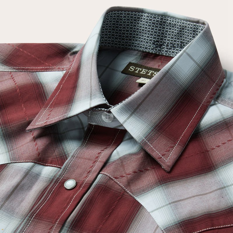 Burgundy Stetson Shadow Plaid Short Sleeve Western Men's Shirts | UK 20WEUDYPC