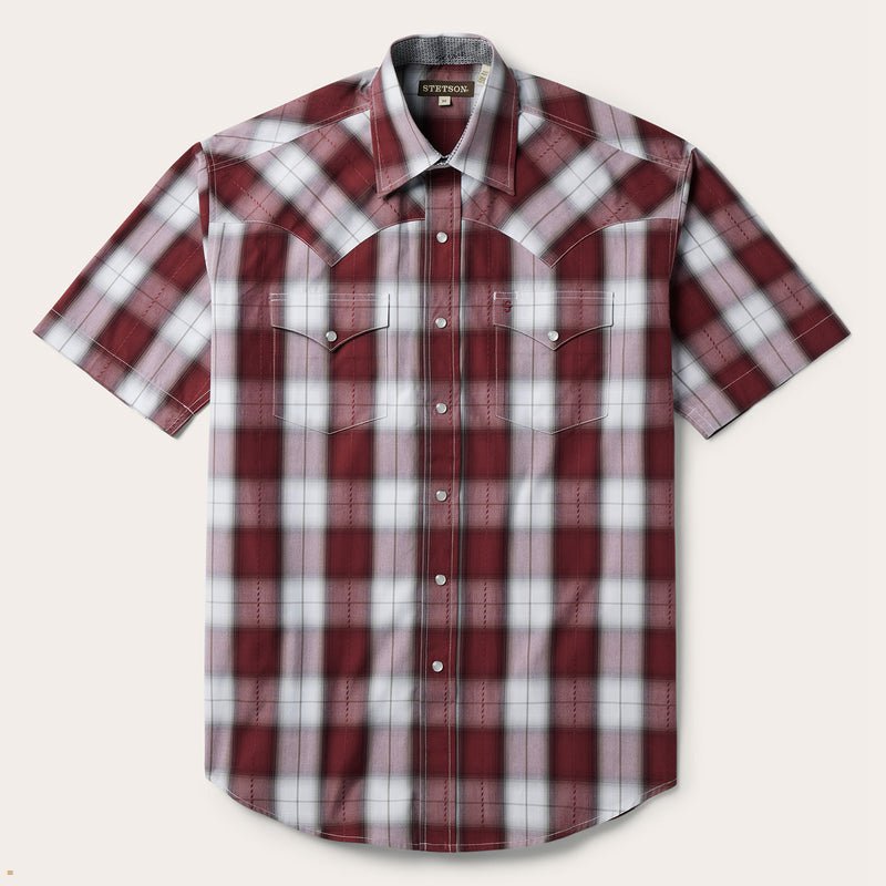 Burgundy Stetson Shadow Plaid Short Sleeve Western Men\'s Shirts | UK 20WEUDYPC