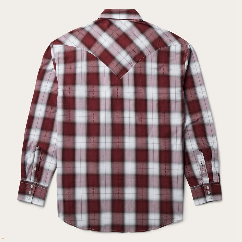 Burgundy Stetson Shadow Plaid Western Men's Shirts | UK 73KHGEJQO